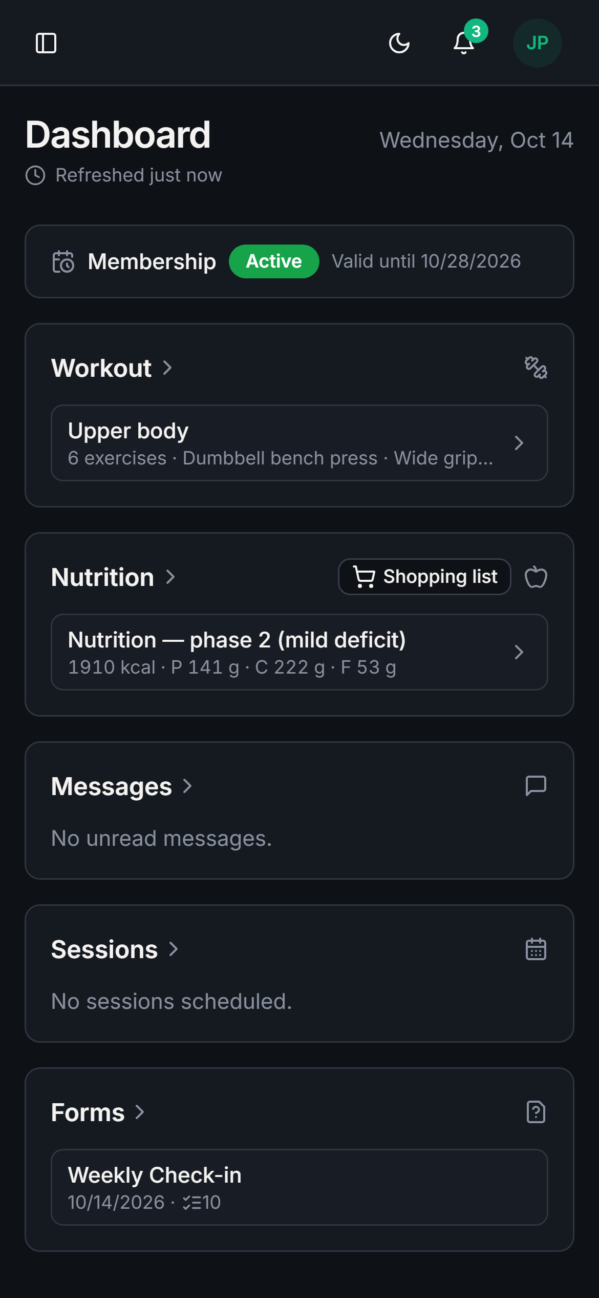 The client app’s home screen on a phone: today’s workout and meals, messages and sessions.