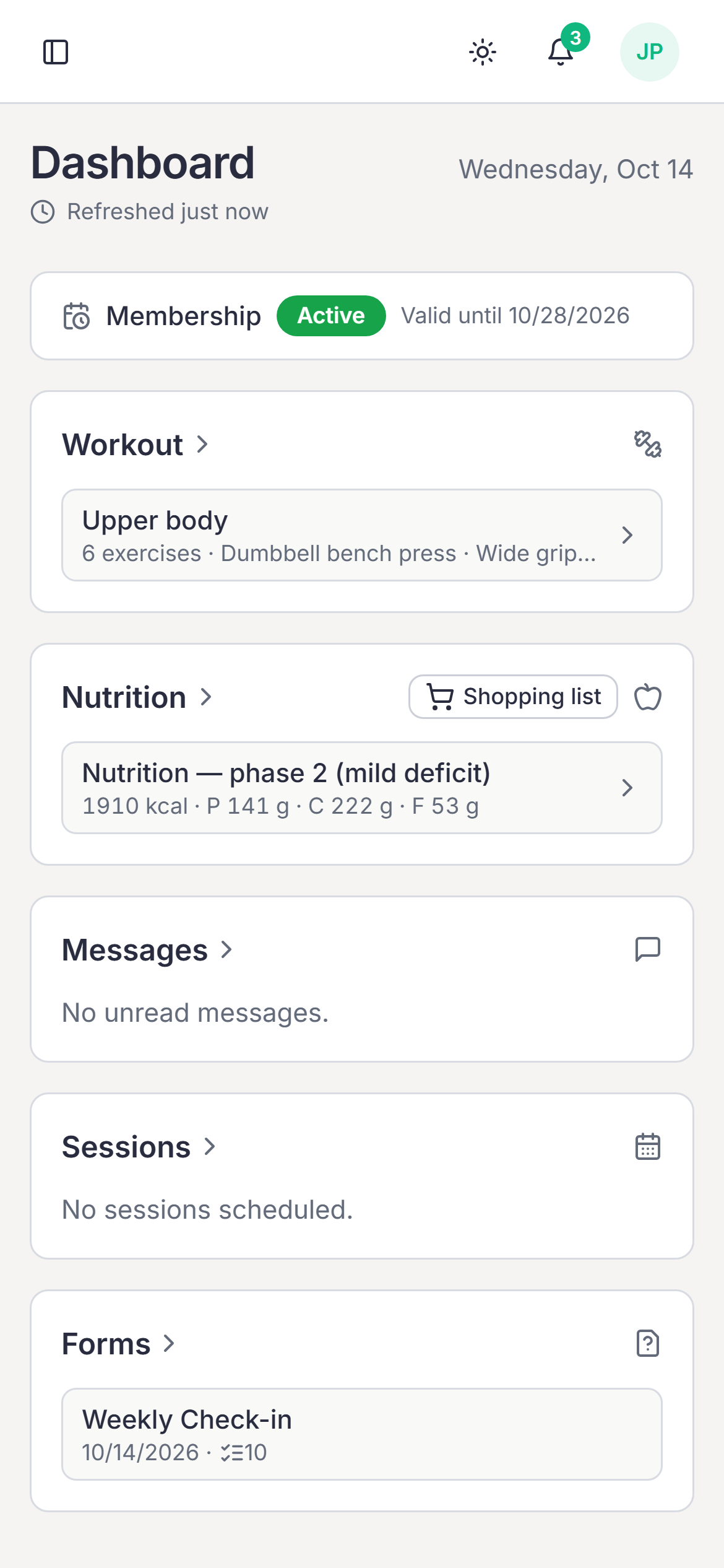 The client app’s home screen on a phone: today’s workout and meals, messages and sessions.