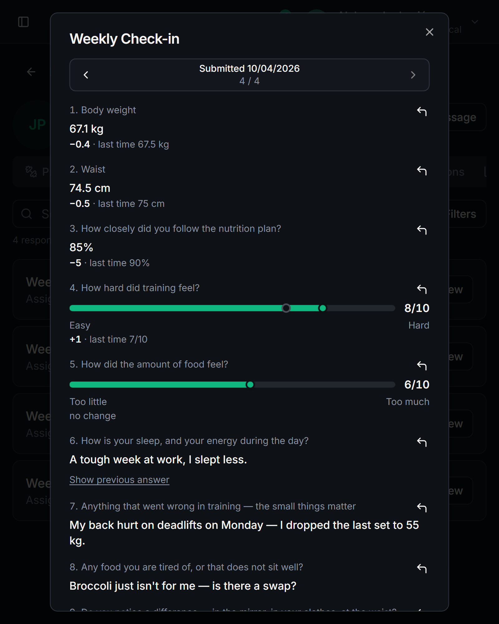 A client’s weekly check-in answers, with the change since the previous one.