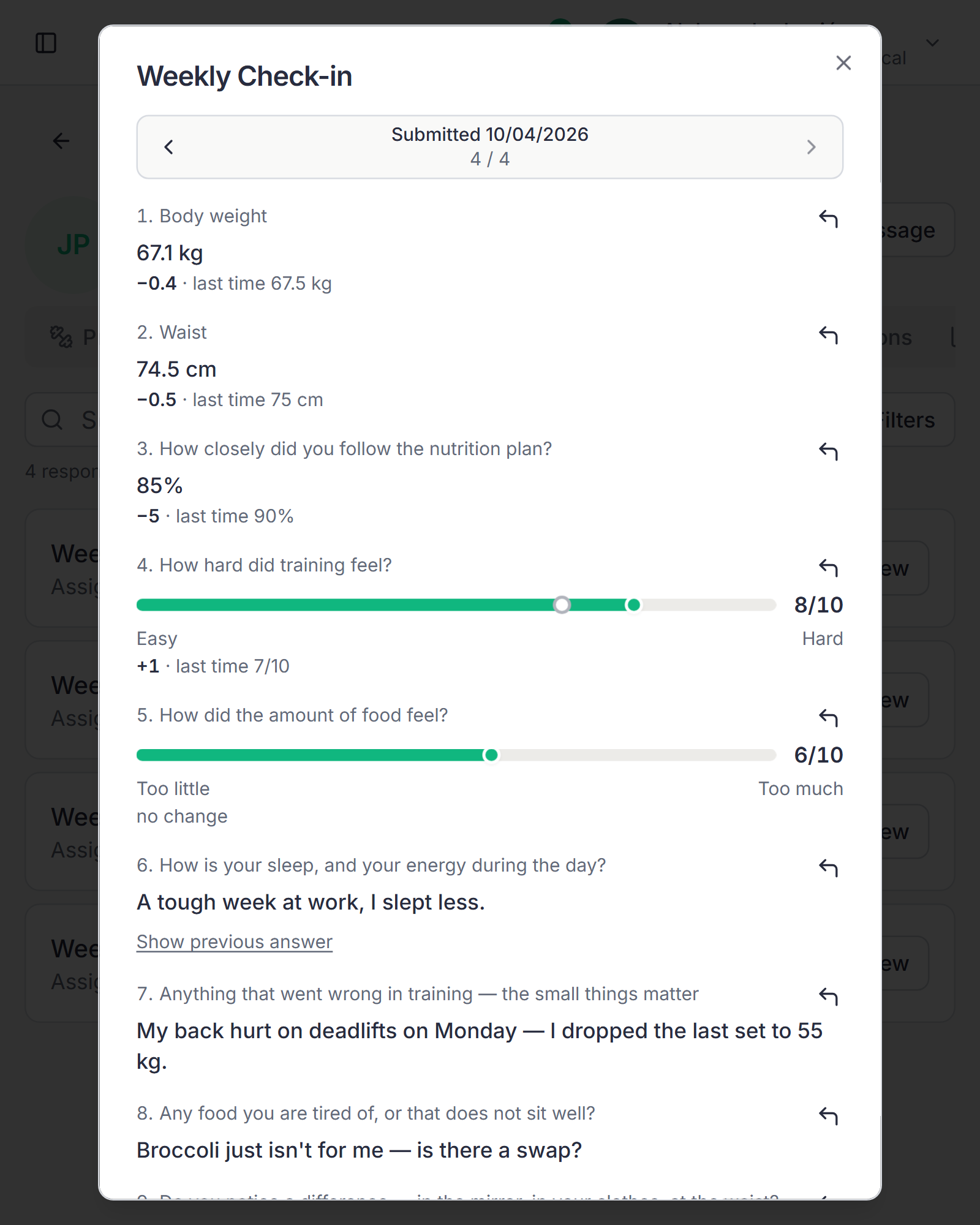A client’s weekly check-in answers, with the change since the previous one.