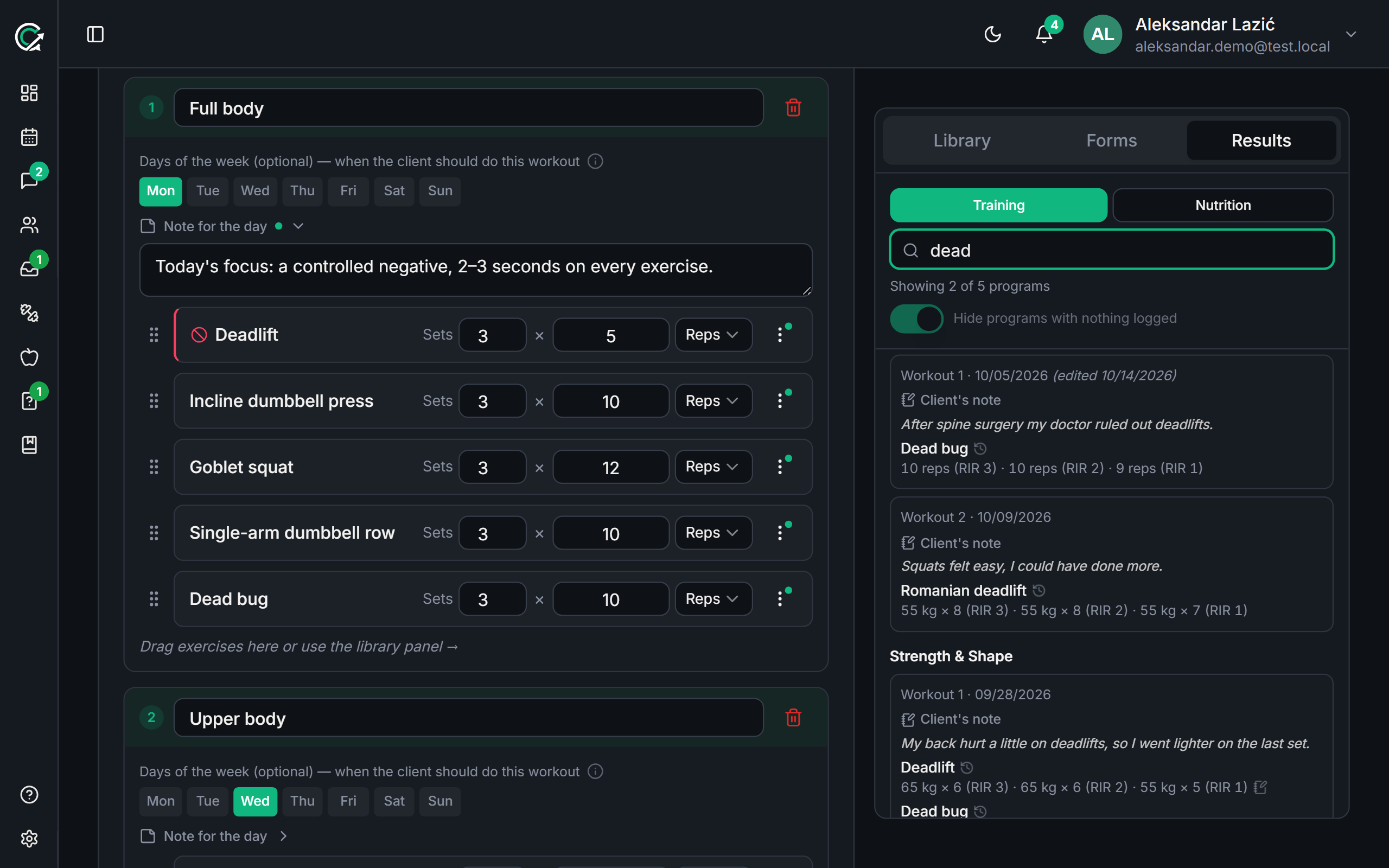 The CoachCue program editor with the “Results” panel open: the client’s logged sets and notes beside the plan.