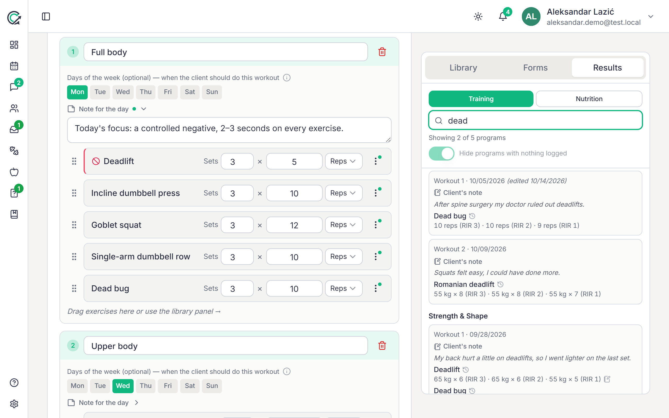 The CoachCue program editor with the “Results” panel open: the client’s logged sets and notes beside the plan.