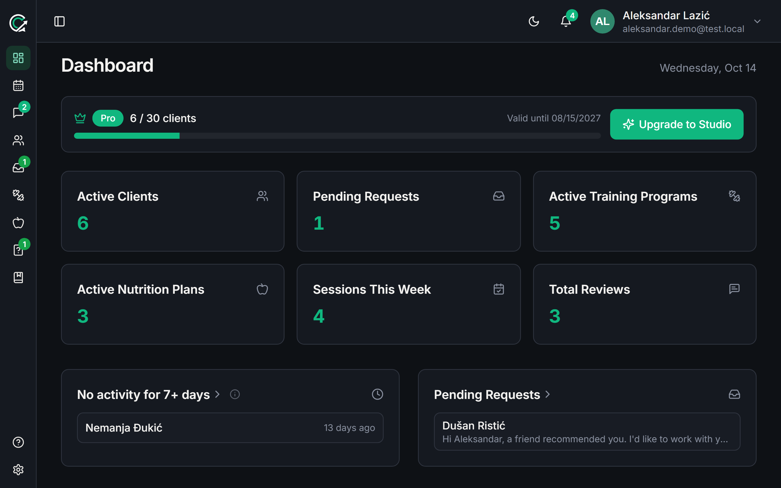 The CoachCue client list with an “Inactive” mark on a client who hasn’t logged anything for a week.