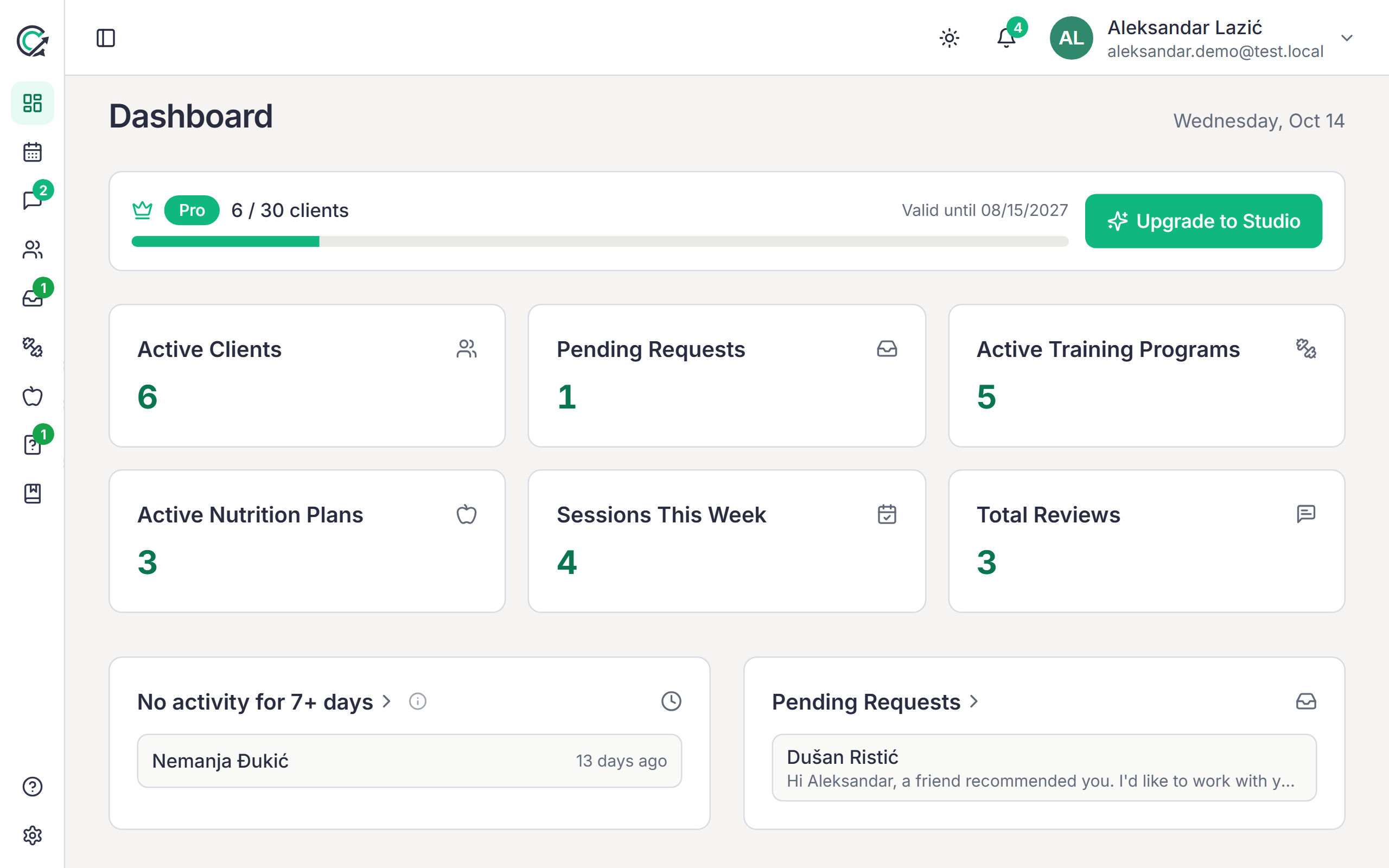 The CoachCue client list with an “Inactive” mark on a client who hasn’t logged anything for a week.