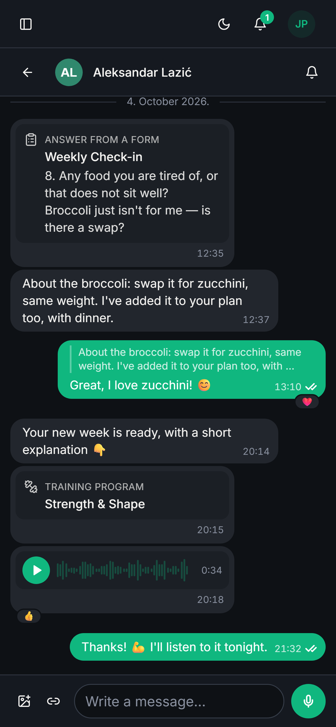 Coach–client conversation on a phone, with an exercise from the program attached.
