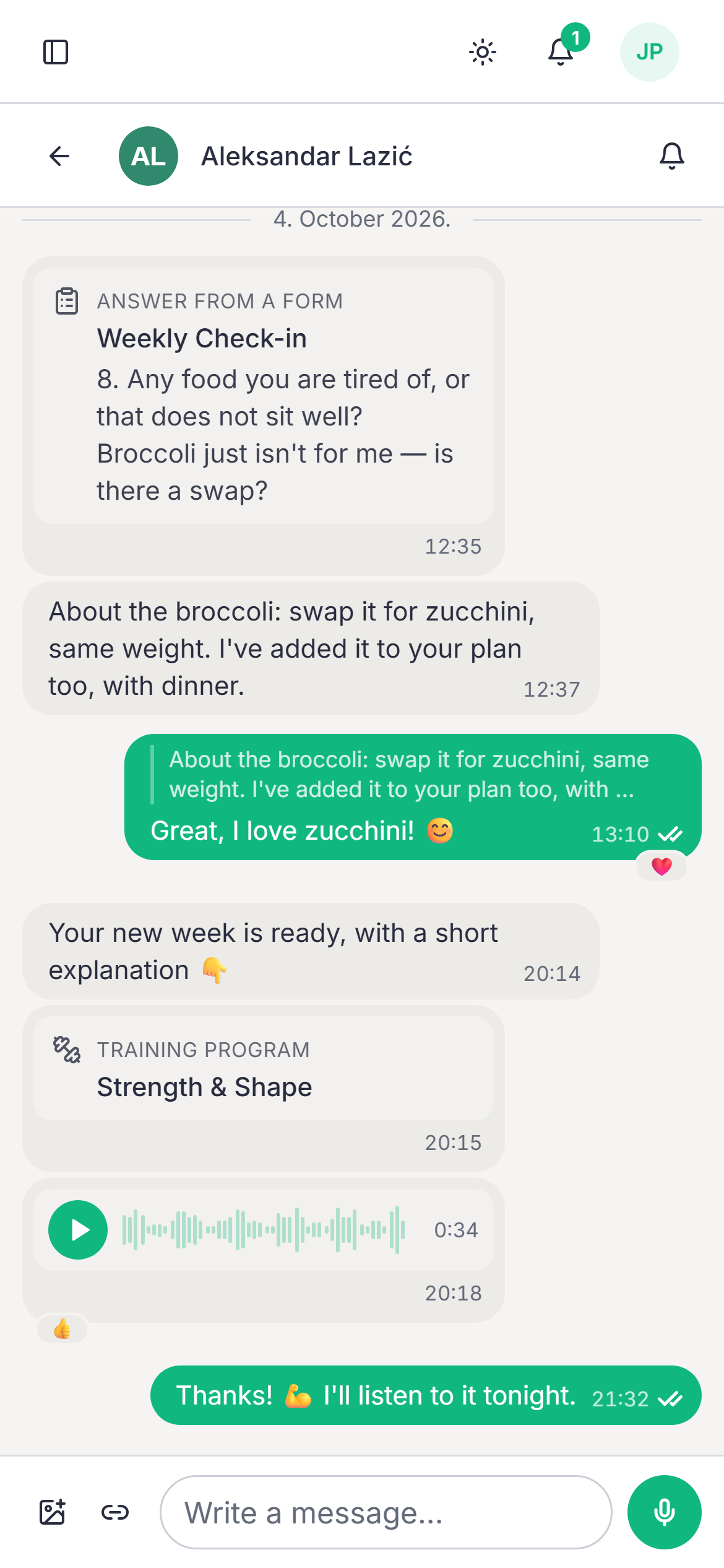 Coach–client conversation on a phone, with an exercise from the program attached.