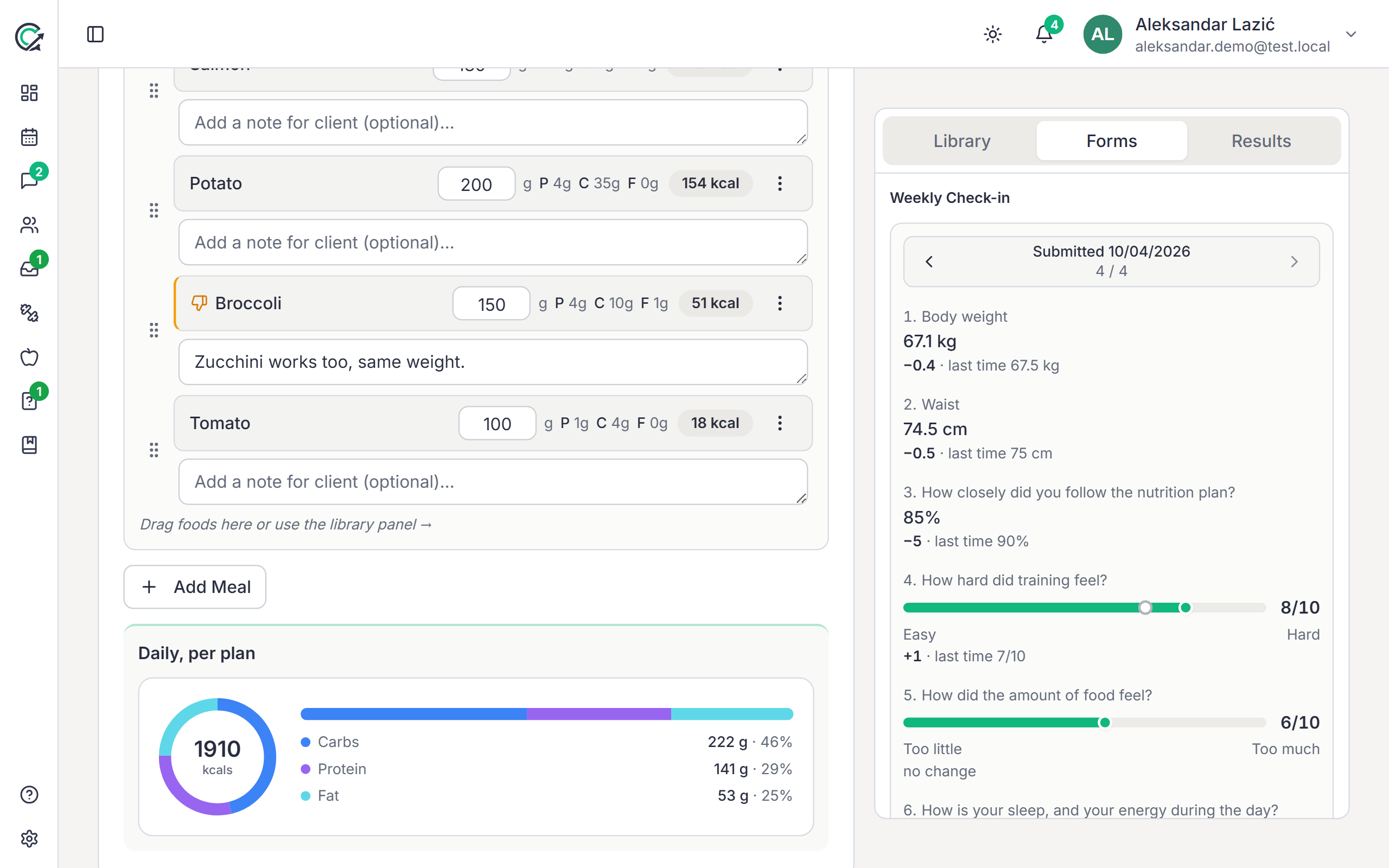 The nutrition plan editor with the client’s weekly check-in beside it, showing the change since the previous one.