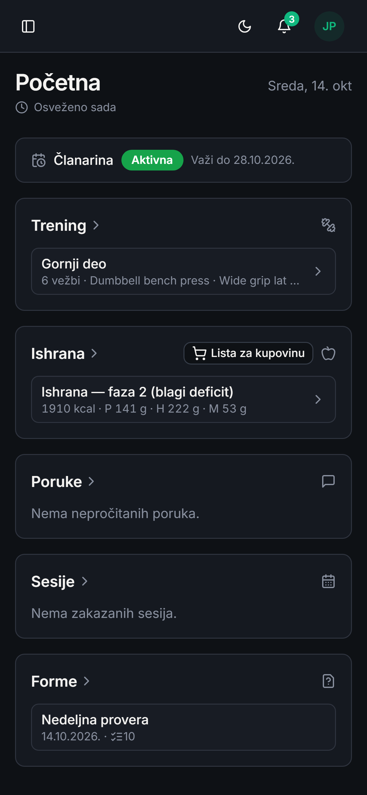 Početna strana klijentske aplikacije na telefonu: današnji trening i ishrana, poruke i termini.
