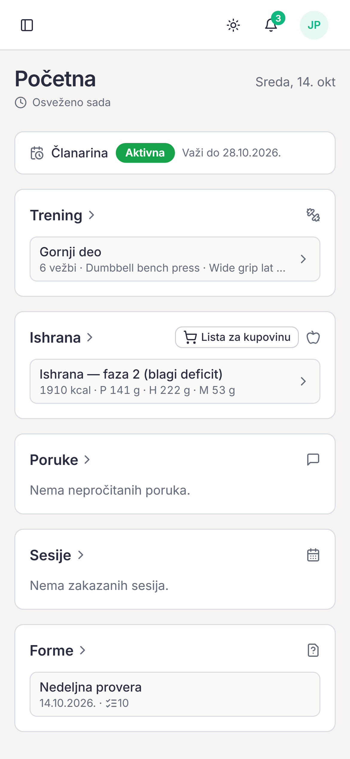 Početna strana klijentske aplikacije na telefonu: današnji trening i ishrana, poruke i termini.