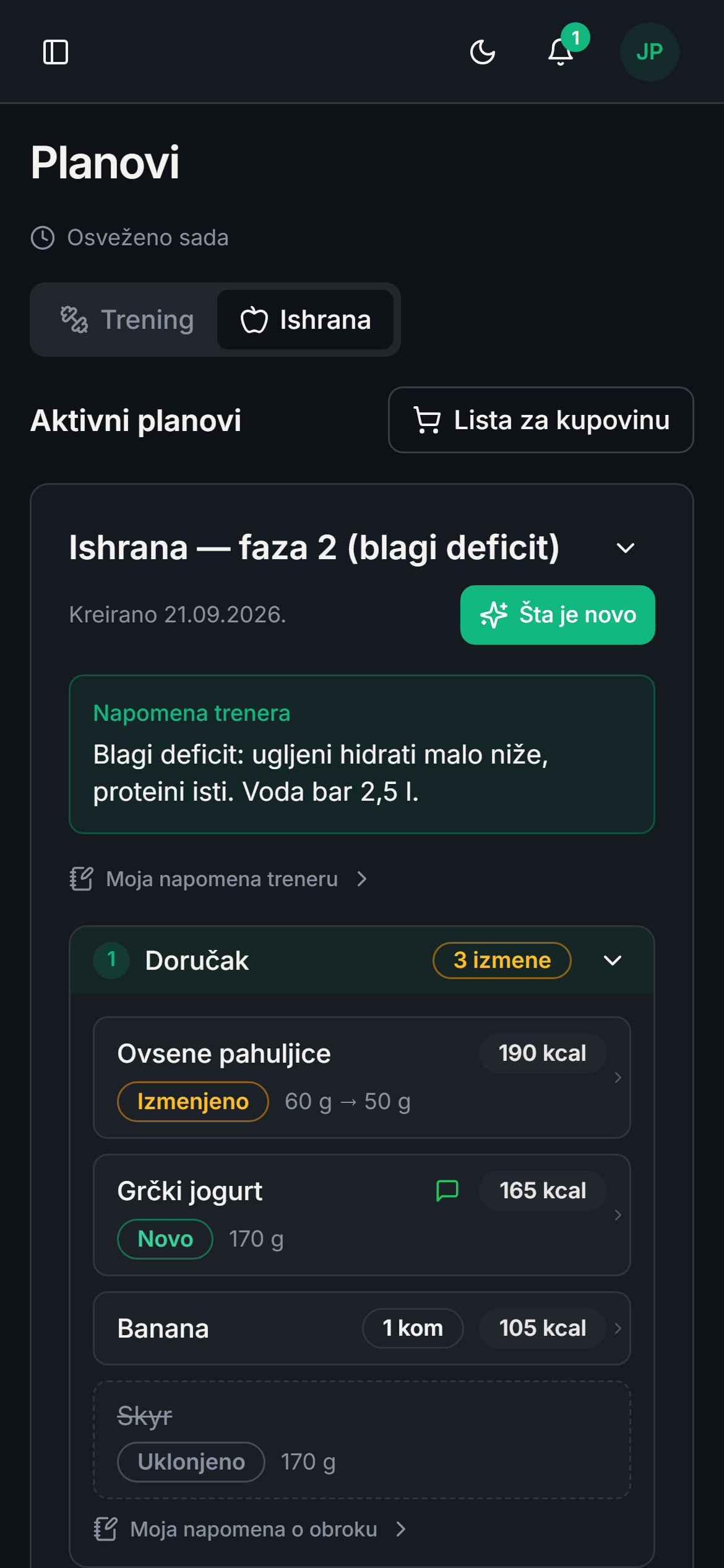 Klijentov plan ishrane na telefonu sa uključenim „Šta je novo": dodate, uklonjene i izmenjene namirnice.