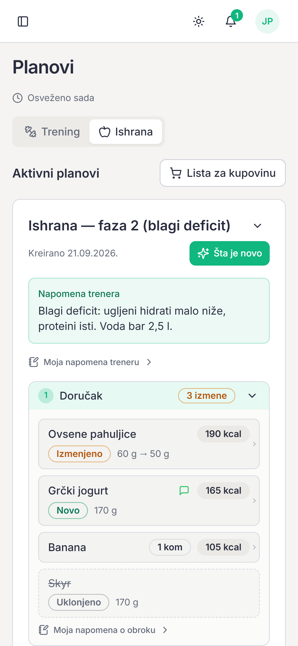 Klijentov plan ishrane na telefonu sa uključenim „Šta je novo": dodate, uklonjene i izmenjene namirnice.