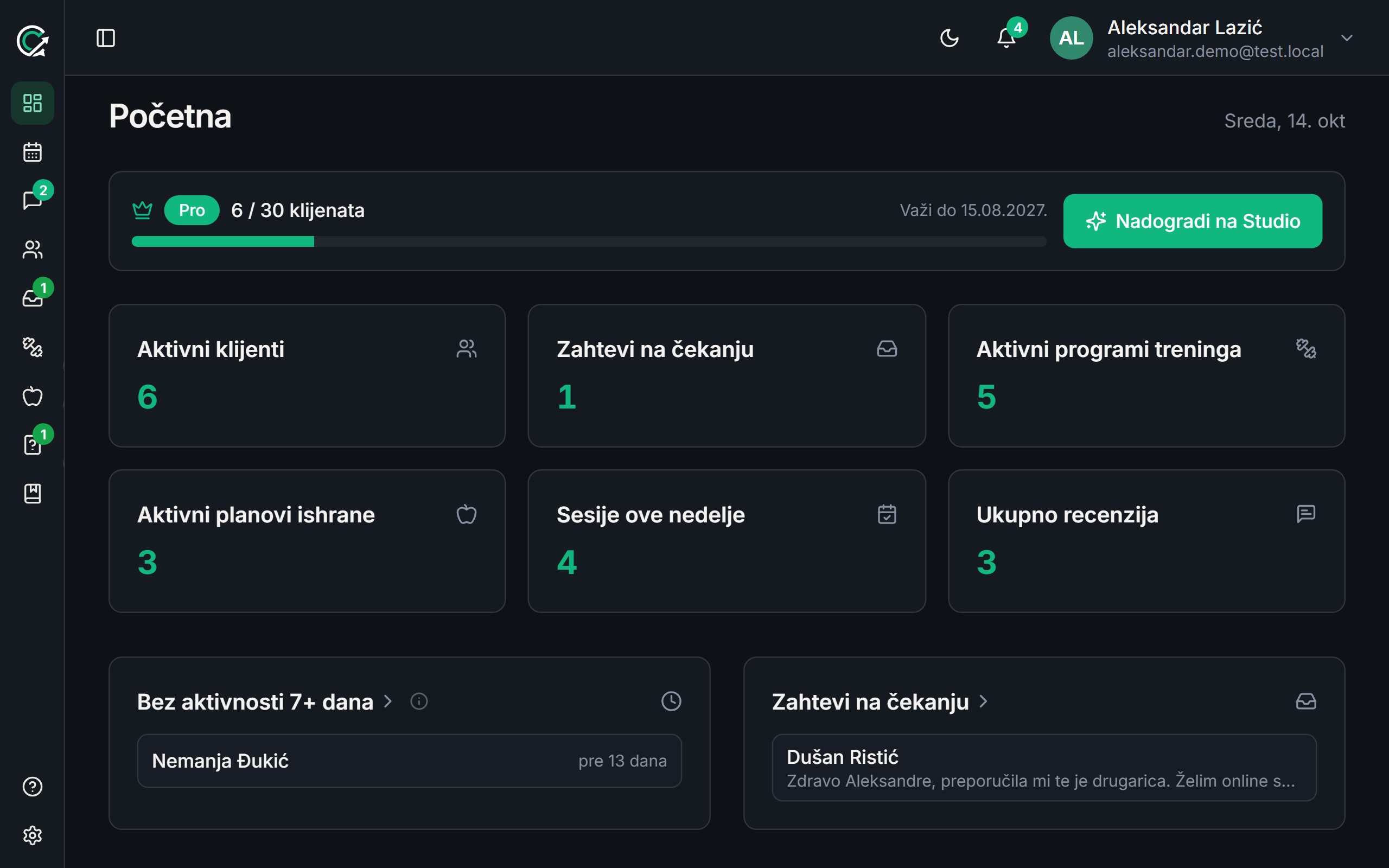 Lista klijenata u CoachCue-u sa oznakom „Bez aktivnosti" uz klijenta koji nedelju dana nije ništa zabeležio.
