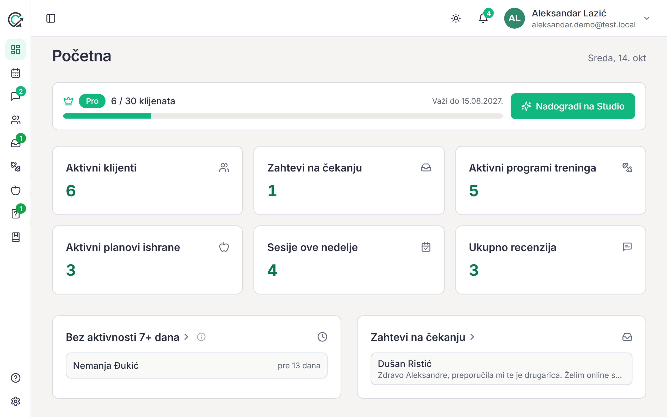 Lista klijenata u CoachCue-u sa oznakom „Bez aktivnosti" uz klijenta koji nedelju dana nije ništa zabeležio.